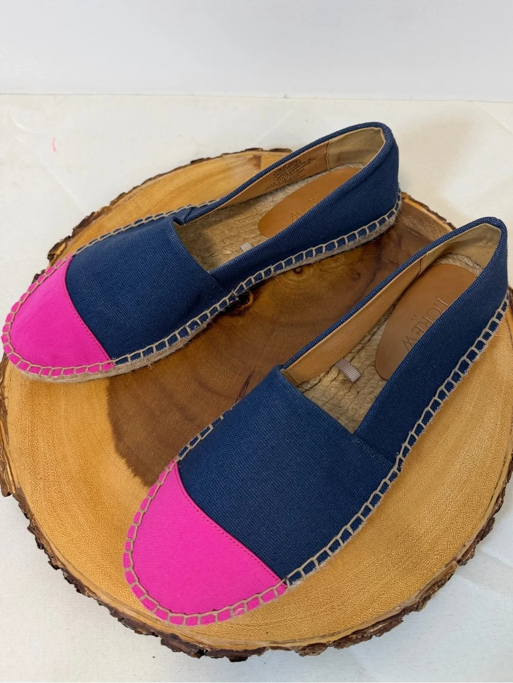 J. Crew Navy Canvas Espadrilles Pink Toe Cap Slip On Braided Jute Women’s 7.5‎